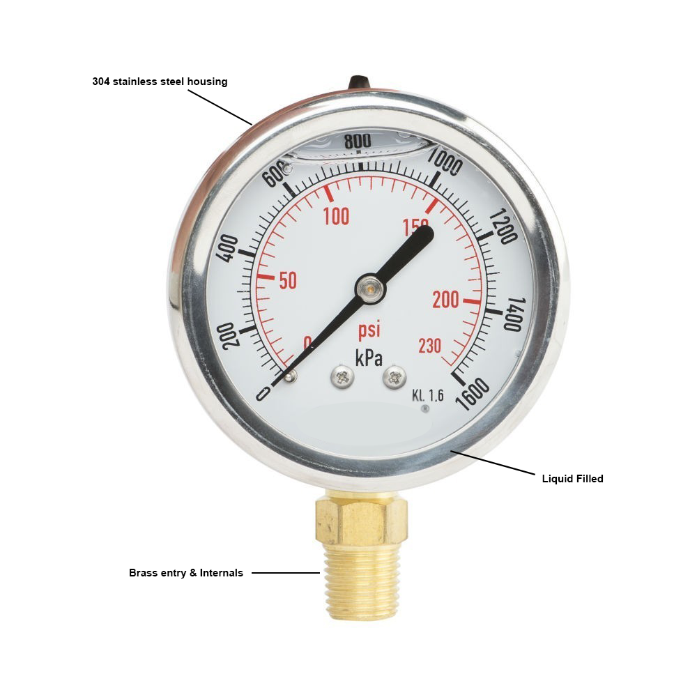 Pressure Gauge 63mm SS Liquid Filled 1/4" BSPT Bottom Entry 0~600 kpa